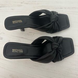 Michael Kors Elena Leather Sandal Black Kitten Heel with Elegant Knot Detail